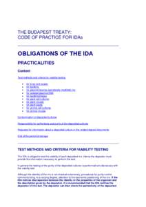 THE BUDAPEST TREATY: CODE OF PRACTICE FOR IDAs OBLIGATIONS OF THE IDA PRACTICALITIES Content