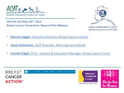 CHE-AK Call May 28th, 2014 Breast Cancer Prevention: Beyond Pink Ribbons • Karuna Jaggar, Executive Director, Breast Cancer Action • Janet Ackerman, Staff Scientist, Silent Spring Institute • Connie Engel, Ph.D., S