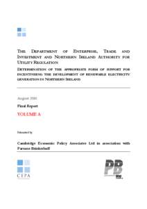 THE DEPARTMENT OF ENTERPRISE, TRADE AND INVESTMENT AND NORTHERN IRELAND AUTHORITY FOR UTILITY REGULATION DETERMINATION OF THE APPROPRIATE FORM OF SUPPORT FOR INCENTIVISING THE DEVELOPMENT OF RENEWABLE ELECTRICITY GENERAT