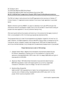 DT: October 9, 2014 TO: Island Sub-Regional RTPO Policy Board FR: Island Sub-Regional RTPO Technical Advisory Committee (TAC) RE: [removed]Surface Transportation Program (STP) Project Funding Recommendations The TAC met