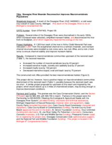 Title: Dowagiac River Meander Reconnection Improves Macroinvertebrate Populations Waterbody Improved: A reach of the Dowagiac River (HUC[removed]), a cold water trout stream in Cass County, Michigan. This reach of the Do