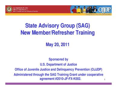 State Advisory Group (SAG) New Member/Refresher Training May 20, 2011 Sponsored by U.S. Department of Justice Office of Juvenile Justice and Delinquency Prevention (OJJDP)