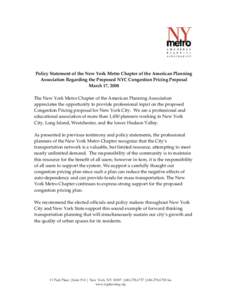       Policy Statement of the New York Metro Chapter of the American Planning  Association Regarding the Proposed NYC Congestion Pricing Proposal   