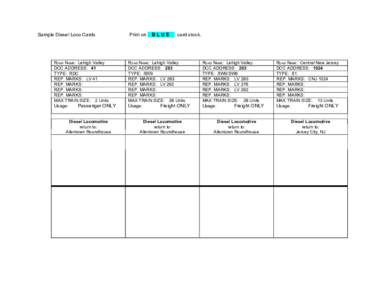 Sample Diesel Loco Cards  ROAD NAME: Lehigh Valley DCC ADDRESS: 41 TYPE: RDC REP. MARKS: LV 41