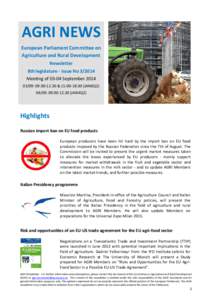 AGRI NEWS European Parliament Committee on Agriculture and Rural Development Newsletter 8th legislature - Issue No[removed]Meeting of[removed]September 2014