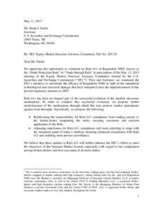 May 11, 2015 Mr. Brent J. Fields Secretary U.S. Securities and Exchange Commission 100 F Street, NE Washington, DC 20549