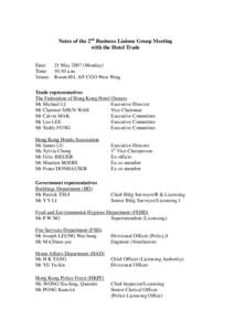 Notes of the 2nd Business Liaison Group Meeting with the Hotel Trade Date: 21 May[removed]Monday) Time: 10:30 a.m. Venue: Room 601, 6/F CGO West Wing