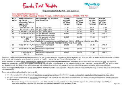 Requesting Leaflets By Post - Cost Guidelines Send postal leaflet requests to: Family First Nights, Mousetrap Theatre Projects, 33 Shaftesbury Avenue, LONDON, W1D 7EH No. of Weight of leaflets + leaflets one Partner