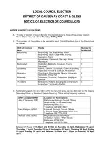 LOCAL COUNCIL ELECTION DISTRICT OF CAUSEWAY COAST & GLENS NOTICE OF ELECTION OF COUNCILLORS NOTICE IS HEREBY GIVEN THAT: 1. The day of election of Councillors for the District Electoral Areas of Causeway Coast & Glens Di