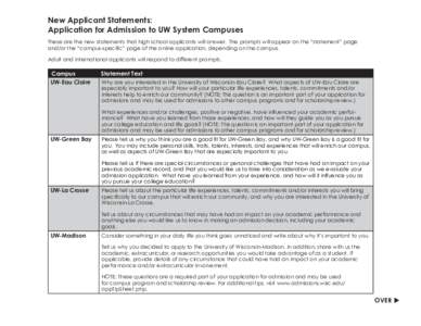 New Applicant Statements: Application for Admission to UW System Campuses These are the new statements that high school applicants will answer. The prompts will appear on the “statement” page and/or the “campus-spe