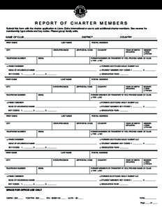 REPORT OF CHARTER MEMBERS Submit this form with the charter application to Lions Clubs International or use to add additional charter members. See reverse for membership type criteria and key codes. Please group family u