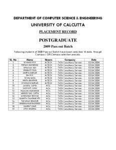 DEPARTMENT OF COMPUTER SCIENCE & ENGINEERING  UNIVERSITY OF CALCUTTA PLACEMENT RECORD  POSTGRADUATE