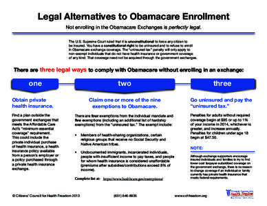 Legal Alternatives to Obamacare Enrollment Not enrolling in the Obamacare Exchanges is perfectly legal. The U.S. Supreme Court ruled that it is unconstitutional to force any citizen to be insured. You have a constitution