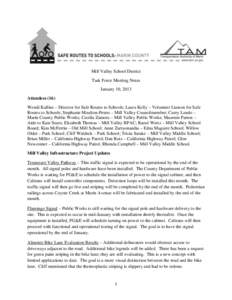 Mill Valley School District Task Force Meeting Notes January 10, 2013 Attendees (16) Wendi Kallins – Director for Safe Routes to Schools; Laura Kelly – Volunteer Liaison for Safe Routes to Schools; Stephanie Moulton-