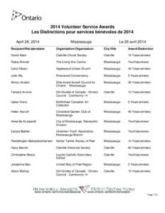 2014 Volunteer Service Awards Les Distinctions pour services bénévoles de 2014 April 28, 2014 Mississauga