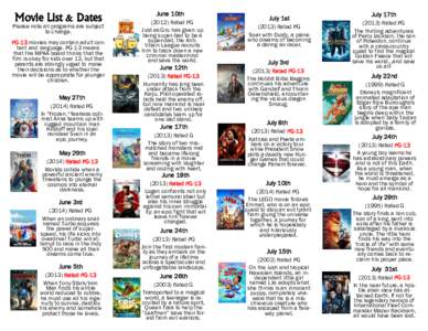 Movie List & Dates  Please note all programs are subject to change. PG-13 movies may contain adult content and language. PG-13 means that the MPAA board thinks that the