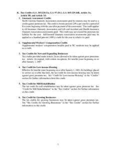 K.	 Tax Credits (G.S[removed]5A, G.S[removed], G.S[removed]16B, Article 3A, Article 3H, and Article 3J) 1.	 Guaranty Assessment Credits North Carolina Guaranty Association assessments paid by insurers may be used as a 