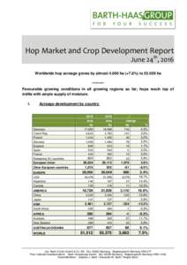 Hop Market and Crop Development Report June 24th, 2016 Worldwide hop acreage grows by almostha (+7.8%) toha ******** Favourable growing conditions in all growing regions so far; hops reach top of trellis w