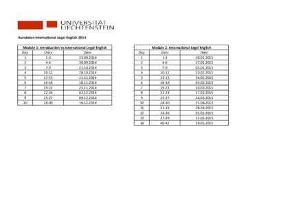 Kursdaten International Legal English 2014 Module 1: Introduction to International Legal English Day Units Date 1