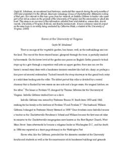 Gayle M. Schulman, an avocational local historian, conducted this research during the early months of 2003 and presented it to the African American Genealogy Group of Charlottesville/ Albemarle in May of that year. Her interest in this topic grew from her research on Isabella Gibbons (a teacher who spent