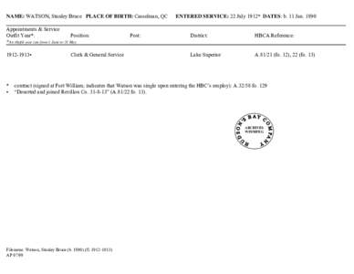 NAME: WATSON, Stanley Bruce PLACE OF BIRTH: Casselman, QC Appointments & Service Outfit Year*: Position: *An Outfit year ran from 1 June to 31 May[removed]▪