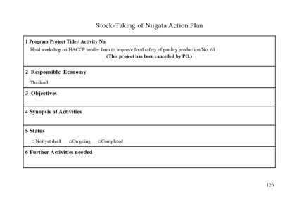 Stock-Taking of Niigata Action Plan 1 Program Project Title / Activity No. Hold workshop on HACCP broiler farm to improve food safety of poultry production/No. 61 (This project has been cancelled by PO.)  2 Responsible E