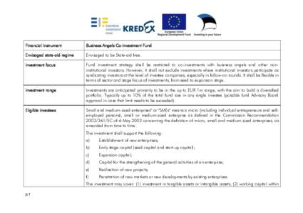 Financial Instrument  Business Angels Co-Investment Fund Envisaged state-aid regime