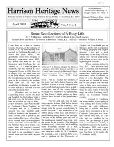 1 1850s Memories - 1 Harrison’s Lost Buildings - 3 Douglas Family 1891 Photo - 4 Published monthly by Harrison County Historical Society, PO Box 411, Cynthiana, KY, 41031