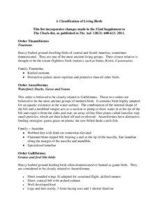 A Classification of Living Birds This list incorporates changes made in the 52nd Supplement to The Check-list, as published in The Auk 128(3): [removed], 2011.