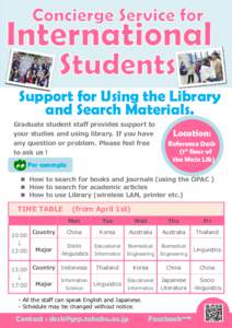 Support for Using the Library and Search Materials. Graduate student staff provides support to your studies and using library. If you have .