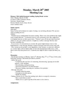 Monday, March 28th 2005 Meeting Log Purpose: Tidy initial document sending, Spring Break version Time: Monday March[removed]Location: CSSE Conference Room Secretary: Brandi Soggs