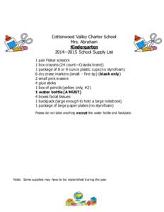 Cottonwood Valley Charter School Mrs. Abraham Kindergarten 2014—2015 School Supply List 1 pair Fiskar scissors 1 box crayons (24 count—Crayola brand)
