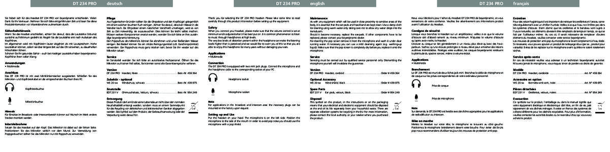 DT 234 PRO  Sie haben sich für das Headset DT 234 PRO von beyerdynamic entschieden. Vielen Dank für Ihr Vertrauen. Nehmen Sie sich bitte einige Minuten Zeit und lesen Sie diese Produktinformation vor Inbetriebnahme auf