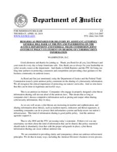 Remarks as Prepared for Delivery by Assistant Attorney General Bill Baer at the Pen and Pad Briefing on the Justice Department and Federal Trade Commission Joint Antitrust Policy Statement on Sharing of Cybersecurity Inf