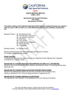 DRAFT BOARD MEETING MINUTES JUNE 3, 2014 Sacramento City Council Chambers 915 I Street Sacramento, CA 95814