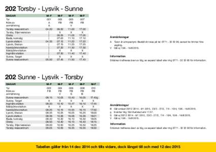 202 Torsby - Lysvik - Sunne DAGAR Tur Körs av anmärkning Torsby resecentrum