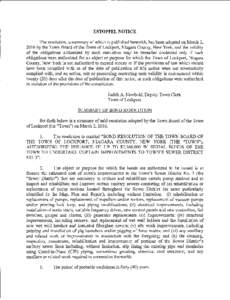 ESTOPPEL NOTICE  The resolution, a summary of which is published herewith, has been adopted on March 2, 2016 by the Town Board of the Town of Lockport, Niagara County, New York, and the validity of the obligations author