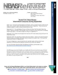 South Fork Alsea Byway Intermittent Closures during September