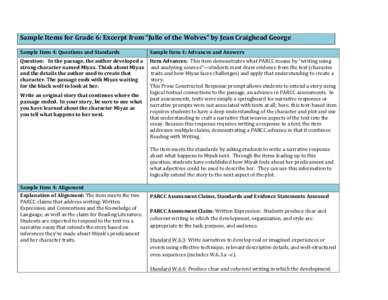 Sample	
  Items	
  for	
  Grade	
  6:	
  Excerpt	
  from	
  “Julie	
  of	
  the	
  Wolves”	
  by	
  Jean	
  Craighead	
  George	
   Sample	
  Item	
  4:	
  Questions	
  and	
  Standards	
   Sampl