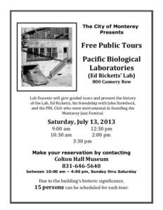 The City of Monterey Presents Free Public Tours Pacific Biological Laboratories