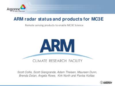 ARM radar status and products for MC3E Remote sensing products to enable MC3E Science Scott Collis, Scott Giangrande, Adam Theisen, Maureen Dunn, Brenda Dolan, Angela Rowe, Kirk North and Pavlos Kollias