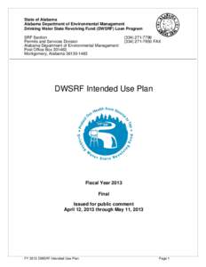 State of Alabama Alabama Department of Environmental Management Drinking Water State Revolving Fund (DWSRF) Loan Program SRF Section Permits and Services Division Alabama Department of Environmental Management