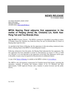 News release - MFDA Hearing Panel adjourns first appearance in the matter of Peiqing (Anna) He, Christina Lin, Keith Kee-Peng Tan and Yue Brenda Zhou