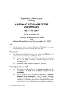 Statement of Principles concerning MALIGNANT NEOPLASM OF THE OESOPHAGUS No. 41 of 2007