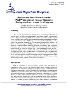 Radioactive Tank Waste from the Past Production of Nuclear Weapons: Background and Issues for Congress