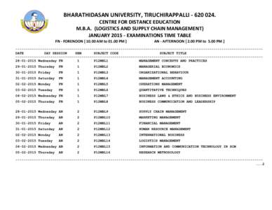 BHARATHIDASAN UNIVERSITY, TIRUCHIRAPPALLI[removed]CENTRE FOR DISTANCE EDUCATION M.B.A. (LOGISTICS AND SUPPLY CHAIN MANAGEMENT) JANUARY[removed]EXAMINATIONS TIME TABLE FN - FORENOON[removed]AM to[removed]PM ]