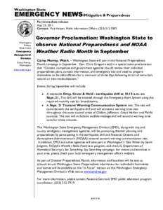 Washington State  EMERGENCY NEWS/Mitigation & Preparedness For immediate release: Aug. 23, 2011 Contact: Rob Harper, Public Information Officer, ([removed]