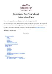   Contributor Day Team Lead   Information Pack    Thank you for being a Contributor Day team lead for WordCamp London 2016.    