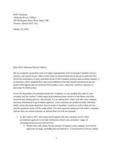 MTS Allstream Allstream Privacy Officer 200 Wellington Street West, Suite 1200 Toronto, Ontario M5V 3G2 January 20, 2014