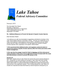 Lake Tahoe Federal Advisory Committee February 6, 2013 The Honorable Tom Vilsack Secretary of Agriculture